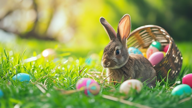 Various candy and chocolate Easter eggs and rabbits with basket and eggs on green grass background