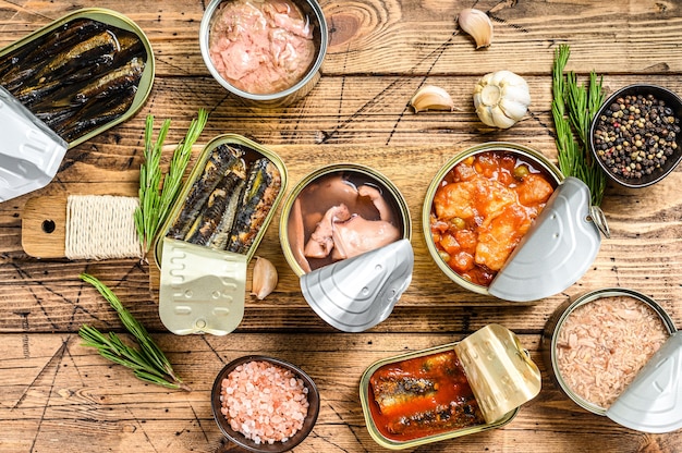 Various canned  fish and seafood in a metal cans