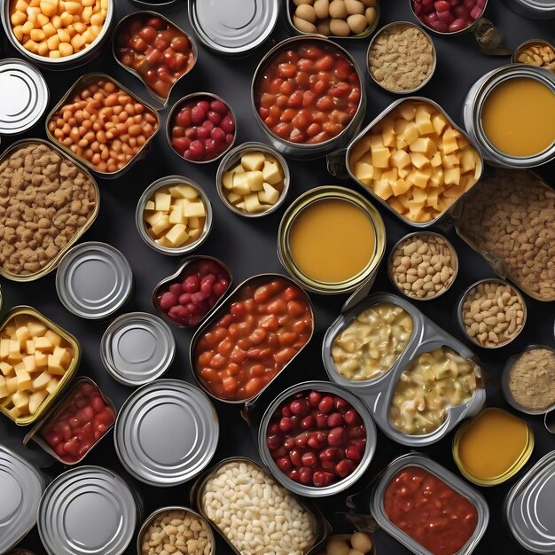 Various canned food in metal cans isolated on white background