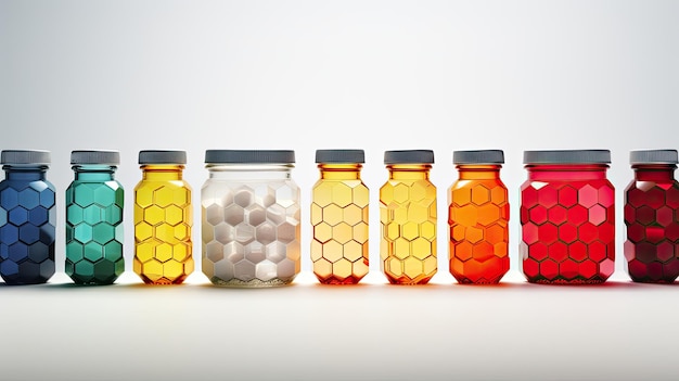 various capsules and tablets inside hexagonal jars arranged in a honeycomb pattern showcasing a collection of dietary supplements or medicines