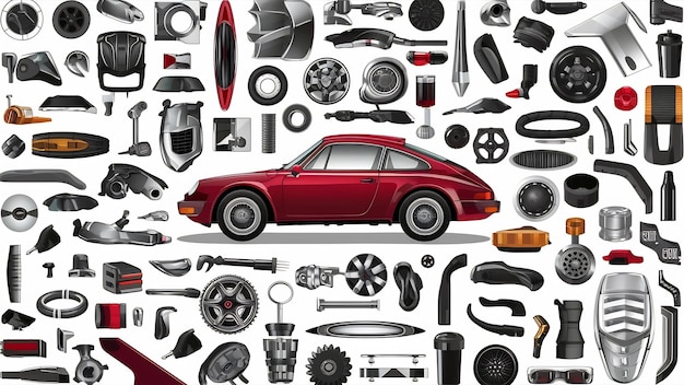 Foto diverse parti e accessori per automobili isolati su sfondo bianco