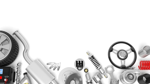Various car parts and accessories isolated on white background