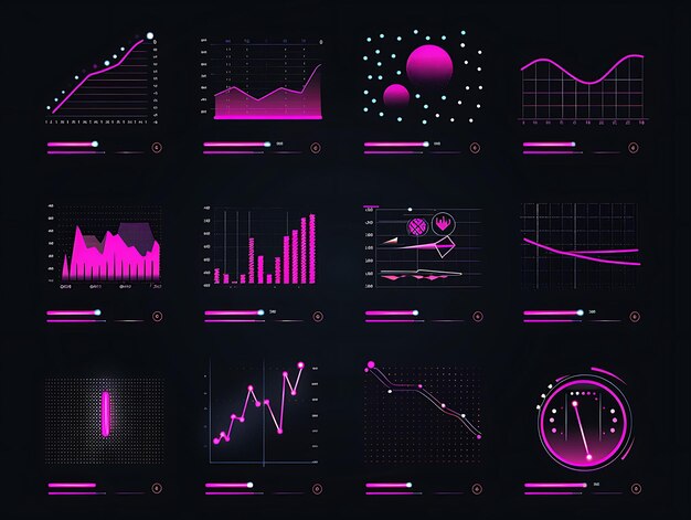 Various Chart Icons With Sparkling Effect in 8 Bit Arcane St Outline Neon Shape Y2K Art Design