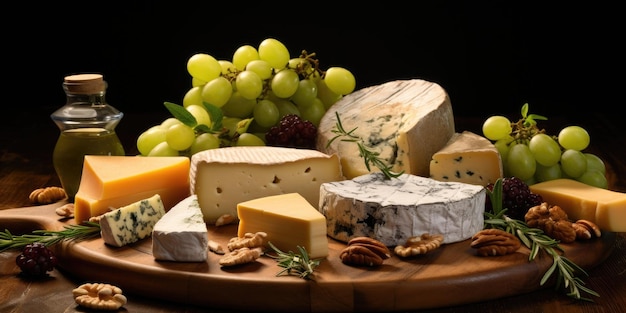 various cheeses and fruits on a wooden table appetizing snacks Generative AI