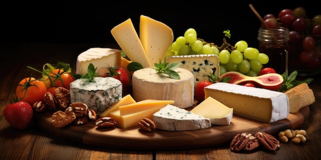 木のテーブルの上にさまざまなチーズやフルーツがあり、食欲をそそる軽食を生成します。