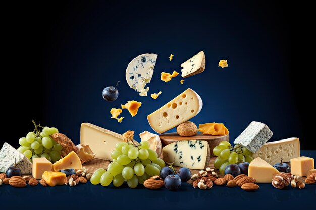 Photo various cheeses including maasdam dor blue camembert brie along with grapes walnuts and galeta float