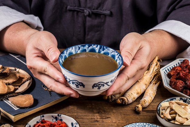 Various Chinese herbal medicines made into a bowl of Chinese medicine