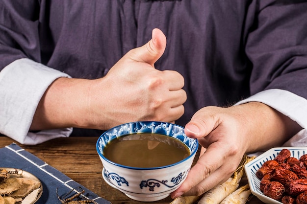 Various Chinese herbal medicines made into a bowl of Chinese medicine