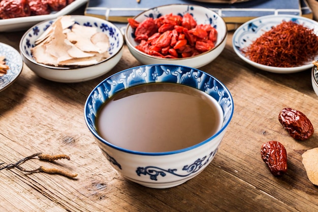 Various Chinese herbal medicines made into a bowl of Chinese medicine