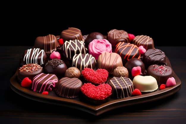 Различные шоколадные конфеты на деревянном фоне в День святого Валентина
