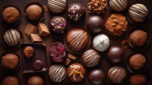 various chocolate pralines Top down view