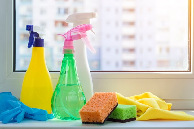 Various cleaning agents for washing windows.