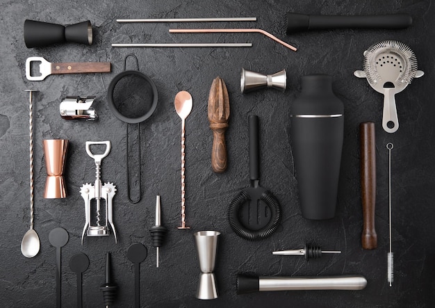 Various cocktail bar utensils set