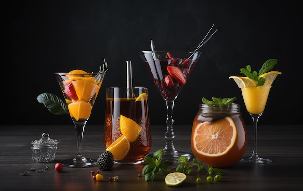 Various cocktails on a black background on a wooden table