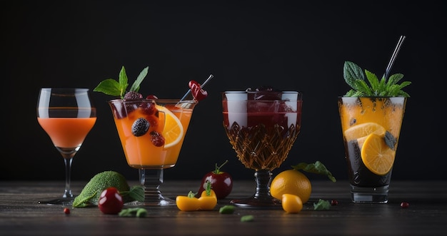 Various cocktails on a black background on a wooden table