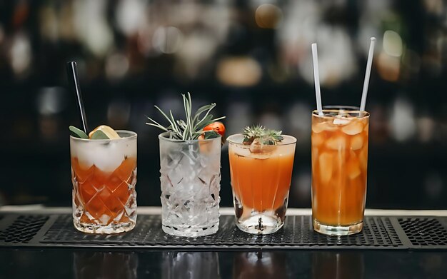 Various cocktails on dark background in cafe