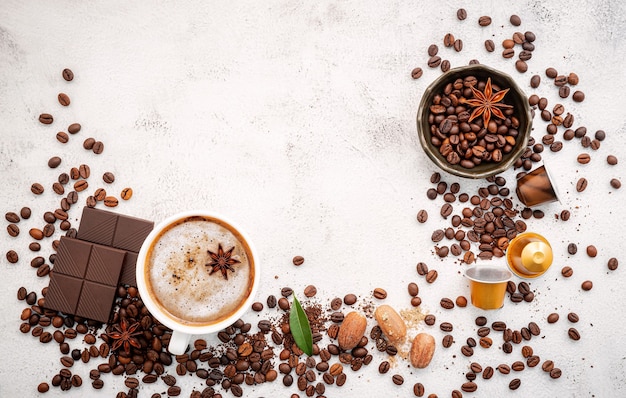 Various coffee setup on white concrete