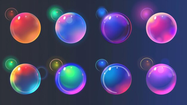 Various color gradient spots set on transparent background Modern realistic illustration of rainbow dots with light refraction effect blurred circles with holographic effects vibrant design