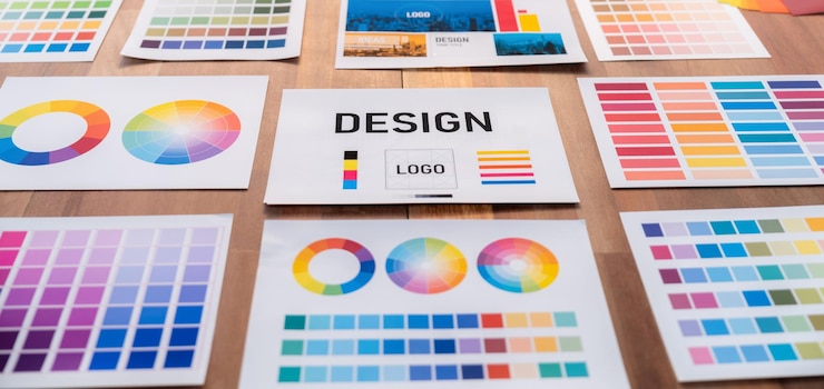 Photo various color palette idea papers arranged on workspace for designer scrutinize