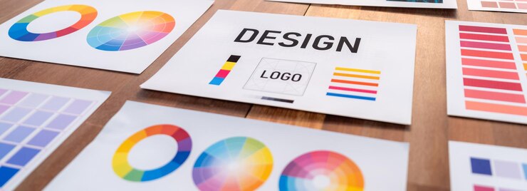 Photo various color palette idea papers arranged on workspace for designer scrutinize