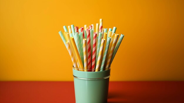 Various color straws in paper cup on green background