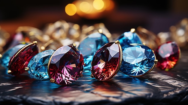 Various colored diamonds arranged on a table in a vibrant display