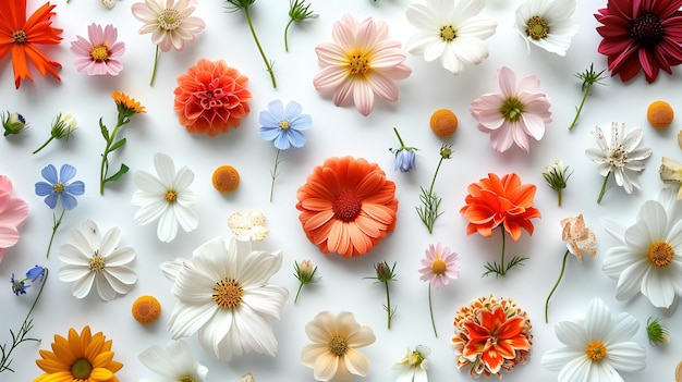 Various colored flowers arranged on a white surface