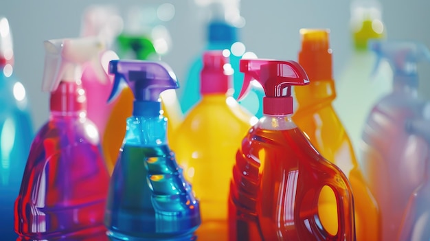 Photo various colored spray bottles neatly arranged on a table perfect for household or cleaning product concepts