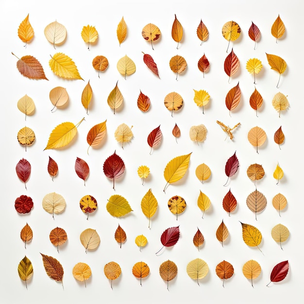 various colorful autumn leaves scatter on white in the style of minimalist grids