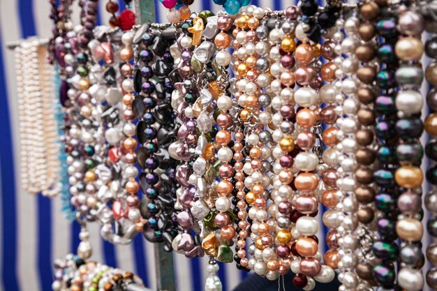 Various colorful beads in the market wallpaper background of a colorful necklace made of precious st