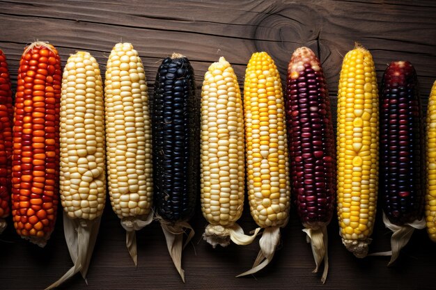 Various Colorful Corns on Rustic Background AI Generated