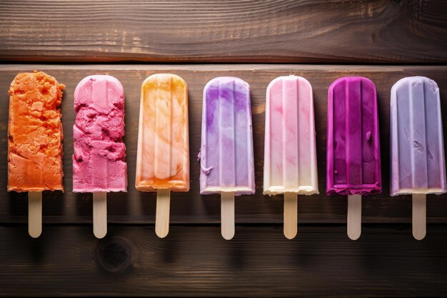 Various colorful delicious popsicles wooden background Generative AI