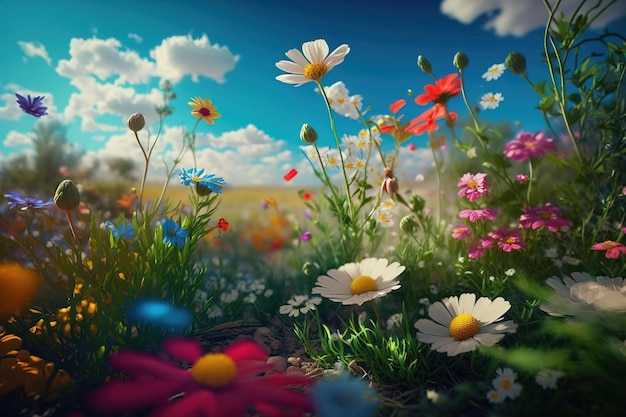 Various colorful flowers bloom on a wild flower meadow