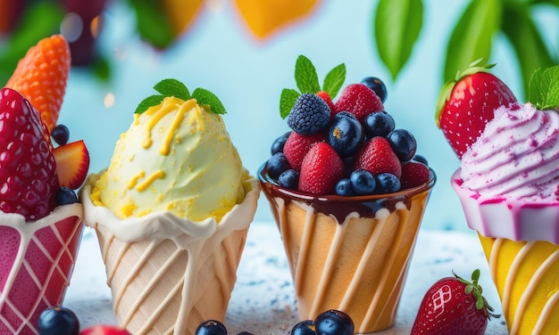 Various colorful ice cream sorts with fruits