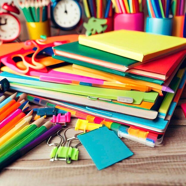 Foto varie forniture scolastiche colorate su tavola di legno concetto di ritorno a scuola