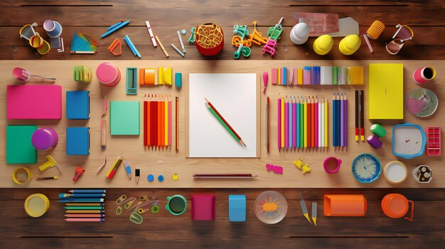 Various Colorful School Supplies On Wooden Table