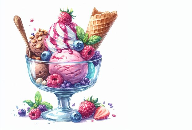 Various colorful strawberry ice cream cone watercolor painting clipart style summer concept