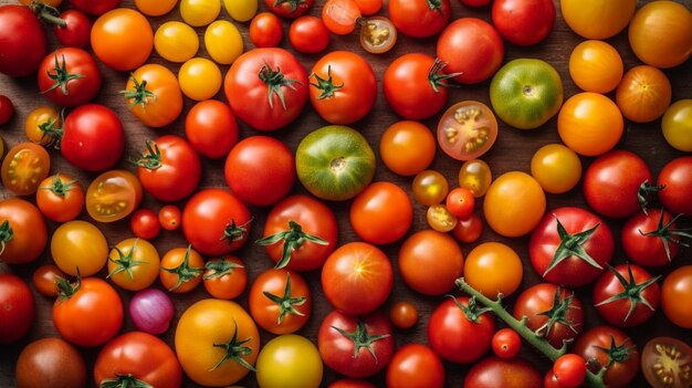 various colorful tomatoes Top down view