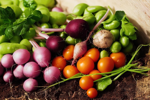 Various colorful vegetables harvest on ground