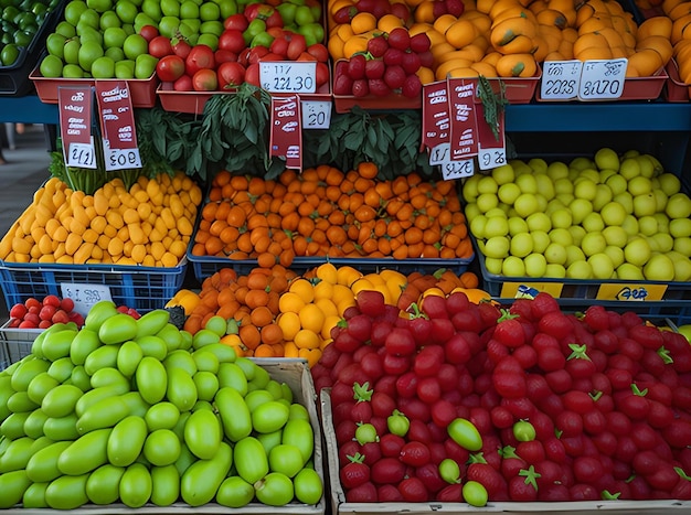 Различные красочные свежие фрукты и овощи на рынке