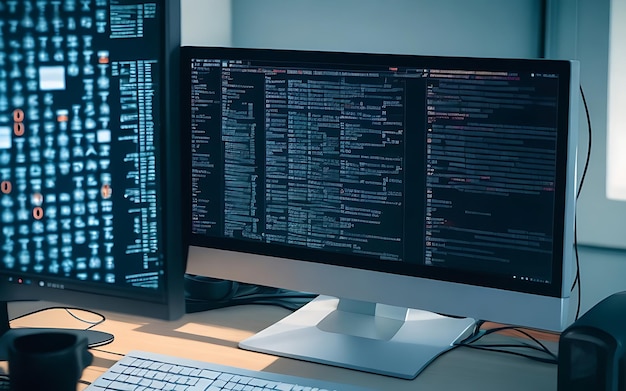 Various computer equipment with programming code on screens on table in dark room generated by ai