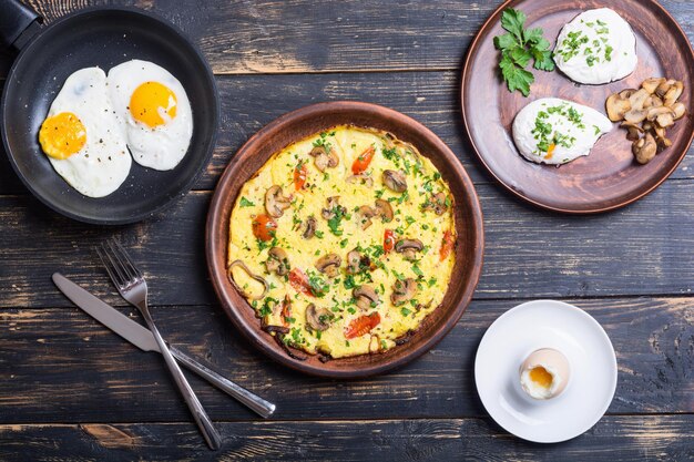 Various of cooking eggs Omelette poached boiled and fried