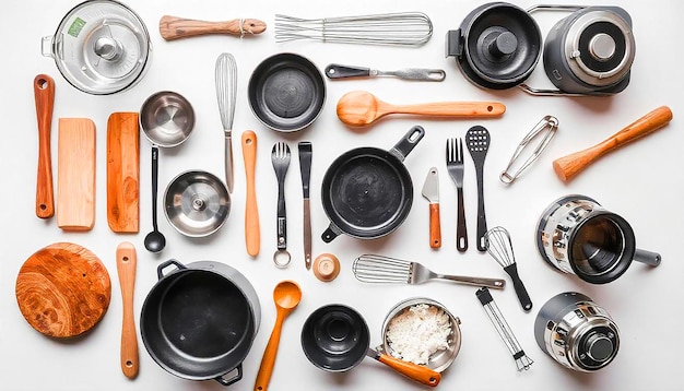 various cooking tools and appliances arranged