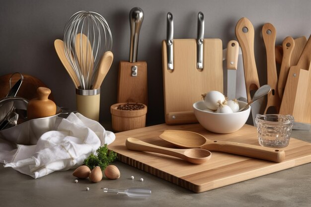 Various cooking utensils and tools on a wooden chopping board created with generative ai