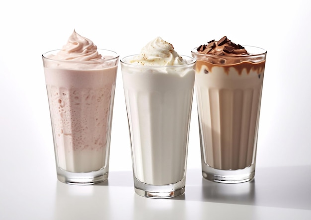 Photo various creamy milkshakes with whipped cream on white backgroundai generative