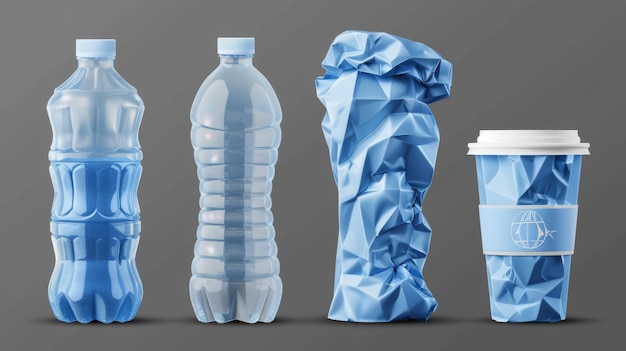 Various crumpled plastic cups and bottles for water disposable mugs and flasks on transparent background Crumple trash used empty containers for beverages pollution concept