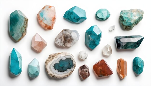 Various crystals on a white background jasper turquoise agate