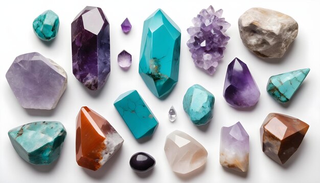 Various crystals on a white background jasper turquoise amethyst agate