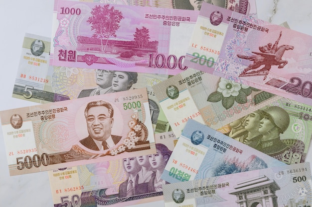 Various currency bill banknotes money won of North Korean KPW