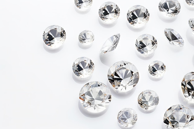 Various cut and sized polished diamonds on light background with top view space for text